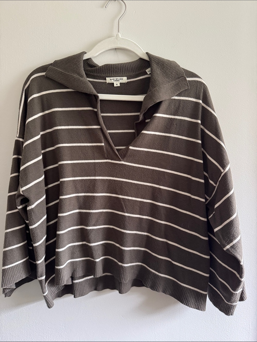 Max Studio Green and White Striped V-Neck Sweater